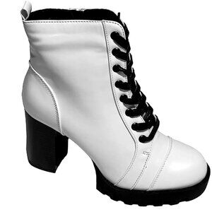 Wild Diva Lug Sole White Lace-Up Combat Heel Boots Chunky Heel